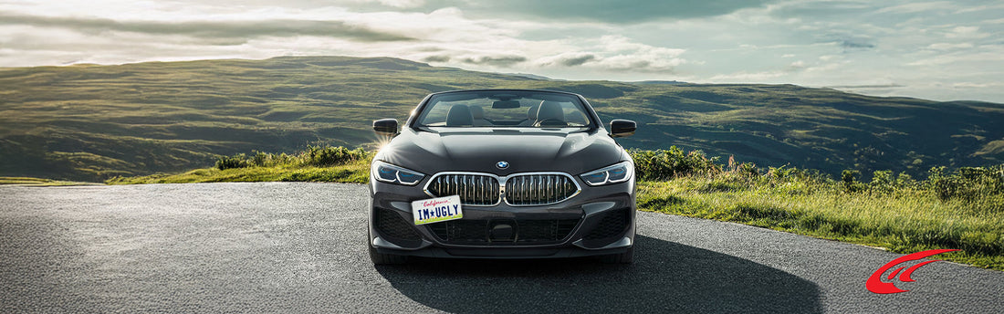 Front view of a BMW parked in front of a scenic view with a crooked and offset front license plate because it does not have a Carbonio no-drill front license plate mount.